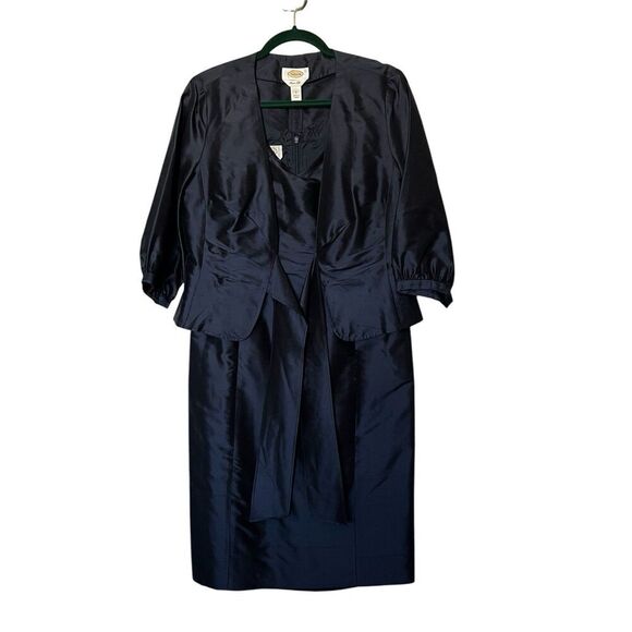 Talbots Pure Silk Dress Suit Womens 8 Blue Satin Two Piece Set Jacket Formal - Picture 1 of 16